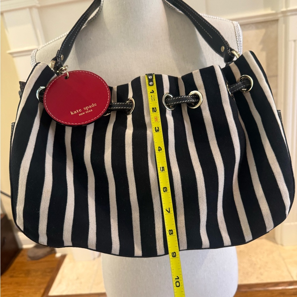 Kate Spade Striped Canvas Leather Hobo Bag Black White Drawstring Shoulder Tote - Picture 11 of 16